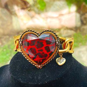 Betsey Johnson Tag signed gold tone braceLet with a pink and black leopard heart